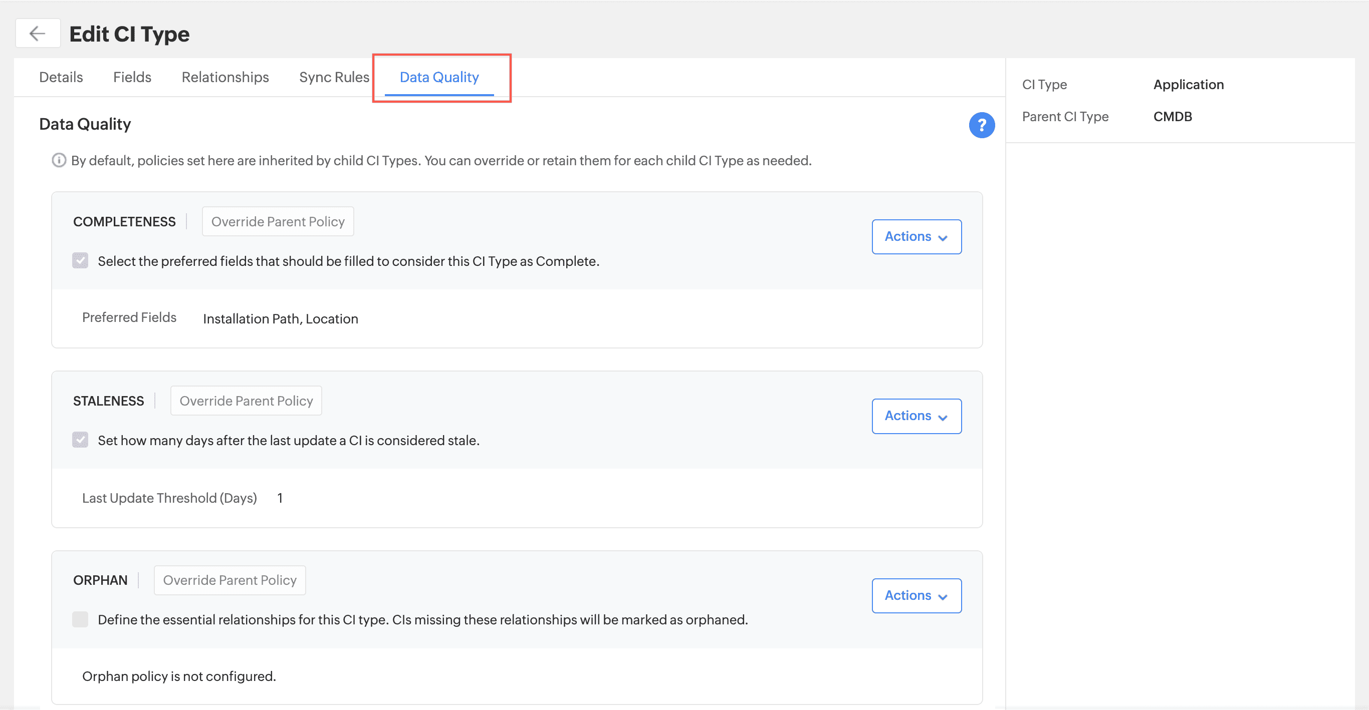 CMDB data quality policy configuration Edit CI Type screen showing Completeness, Staleness, and Orphan data quality policies