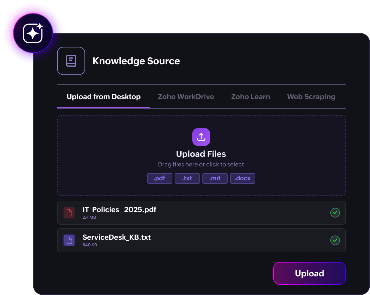 Zia agent setup in ServiceDesk Plus with business knowledge, documents, and connected data sources
