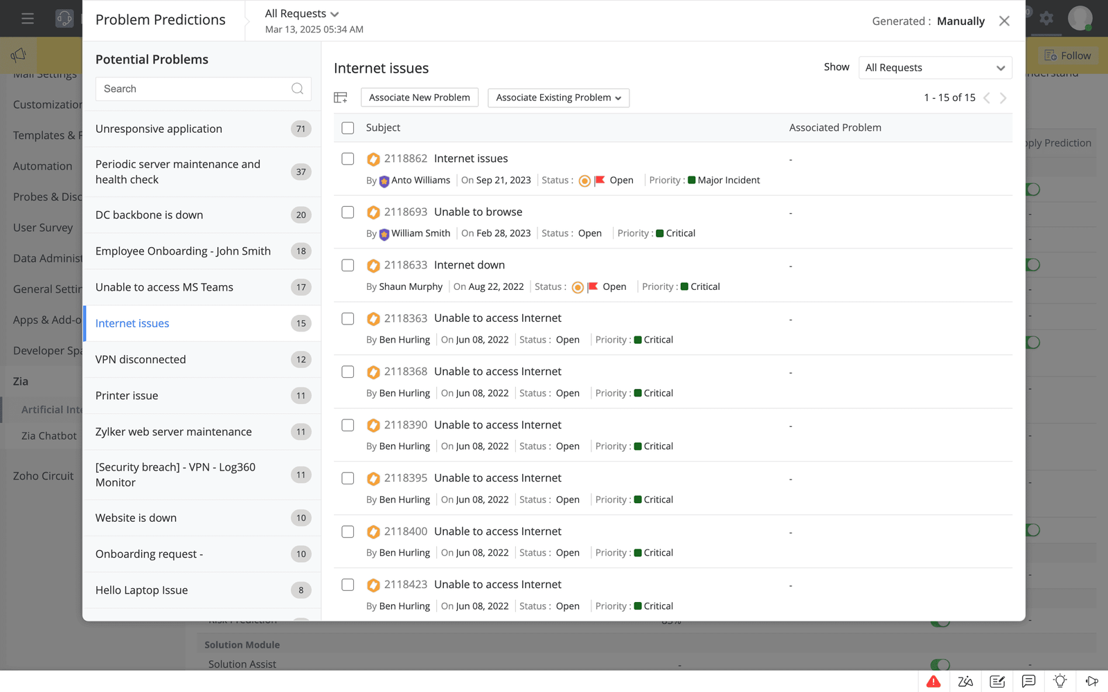 Problem management dashboard showing Zia-clustered related incidents linked to a problem record