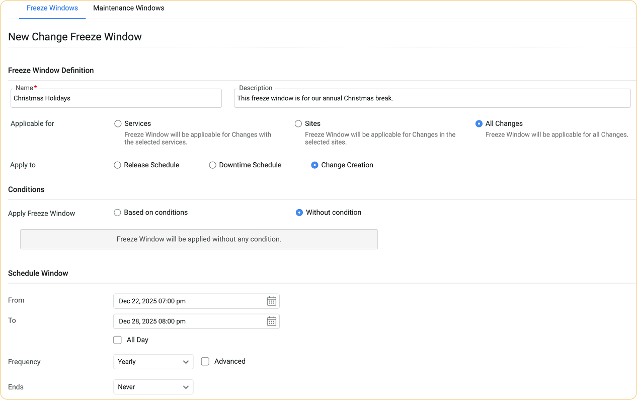 Maintenance and freeze window conflict detection for IT changes