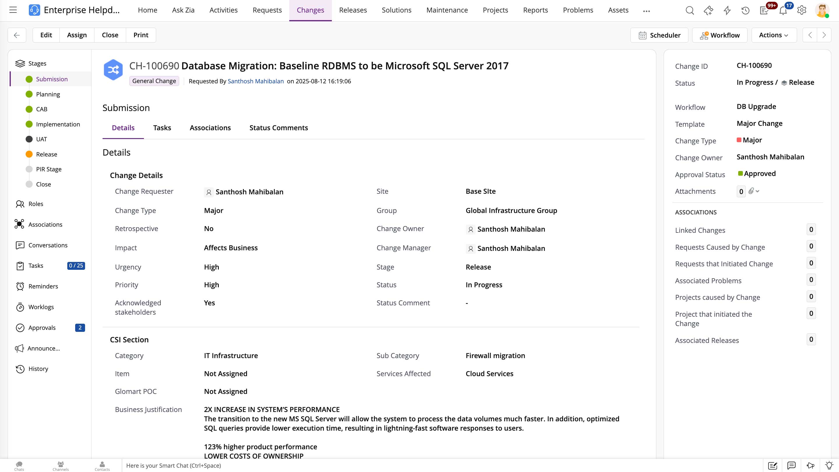 ServiceDesk Plus change management workflow with risk prediction and collision avoidance controls