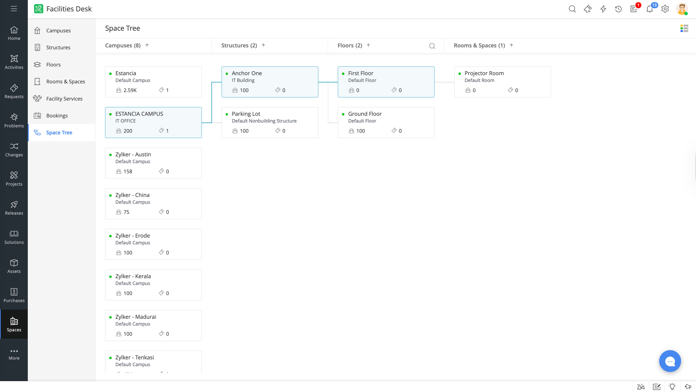 ServiceDesk Plus space management module showing campus floor plan with room booking interface