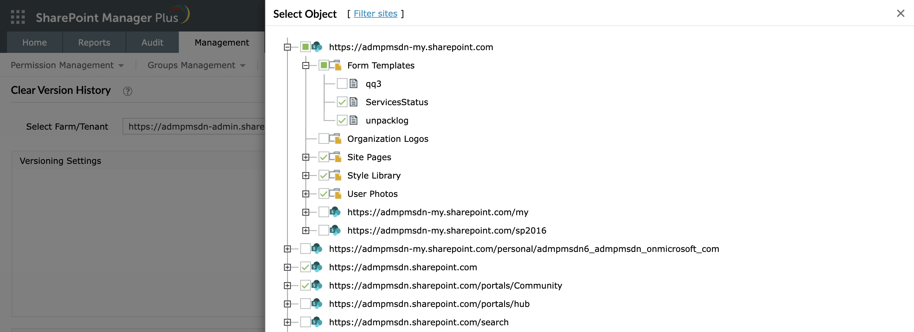 Selecting a site, list, or documents to clear version history in SharePoint Manager Plus.