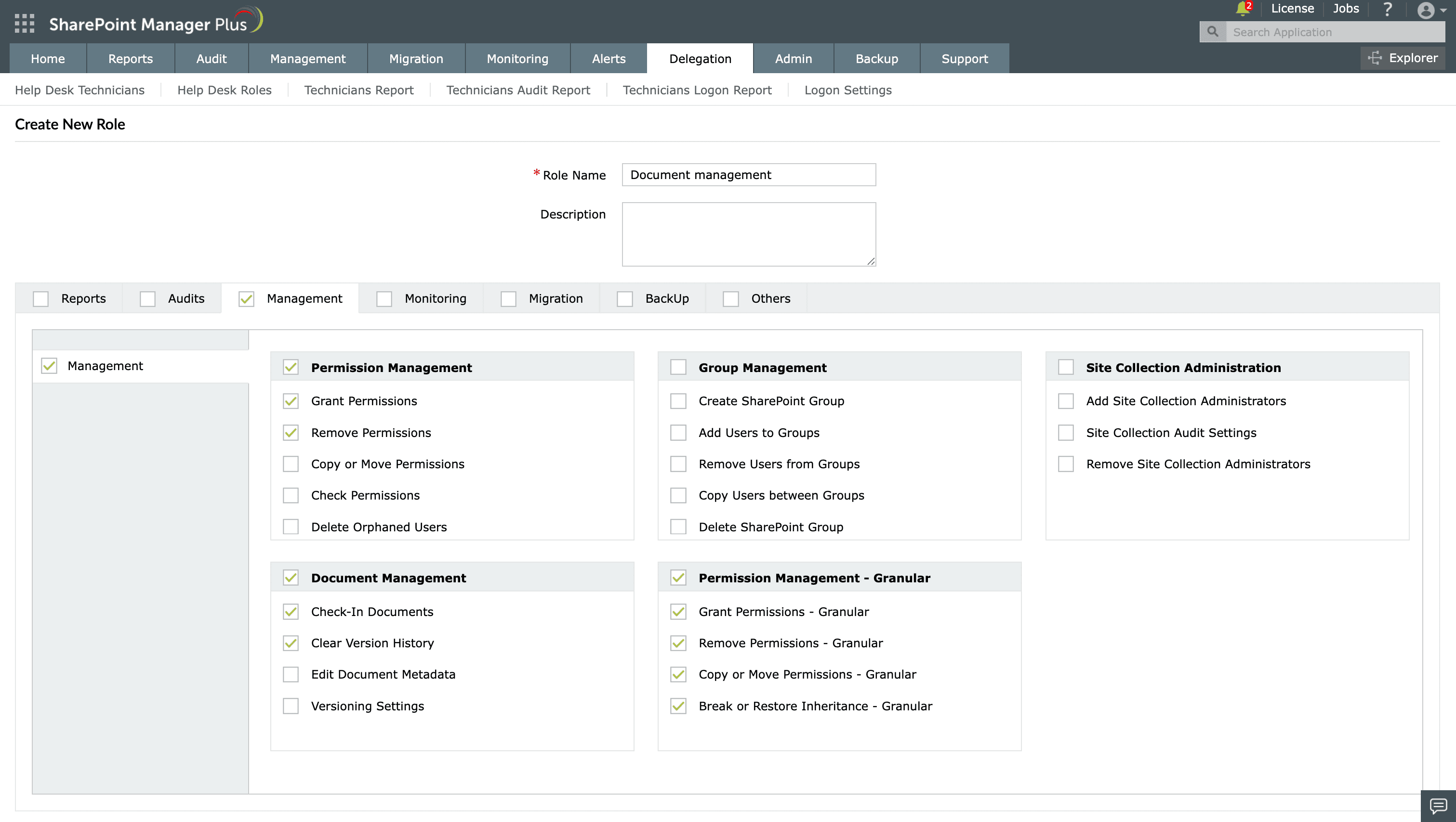 Delegate a document check-in task in SharePoint Manager Plus.