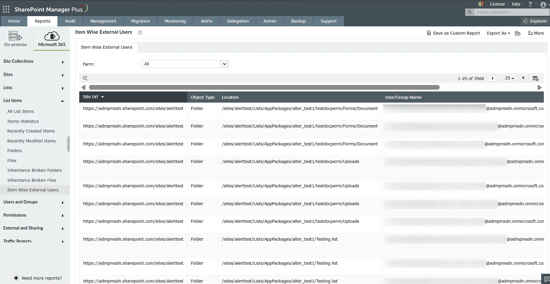 A report on external list users generated using SharePoint Manager Plus