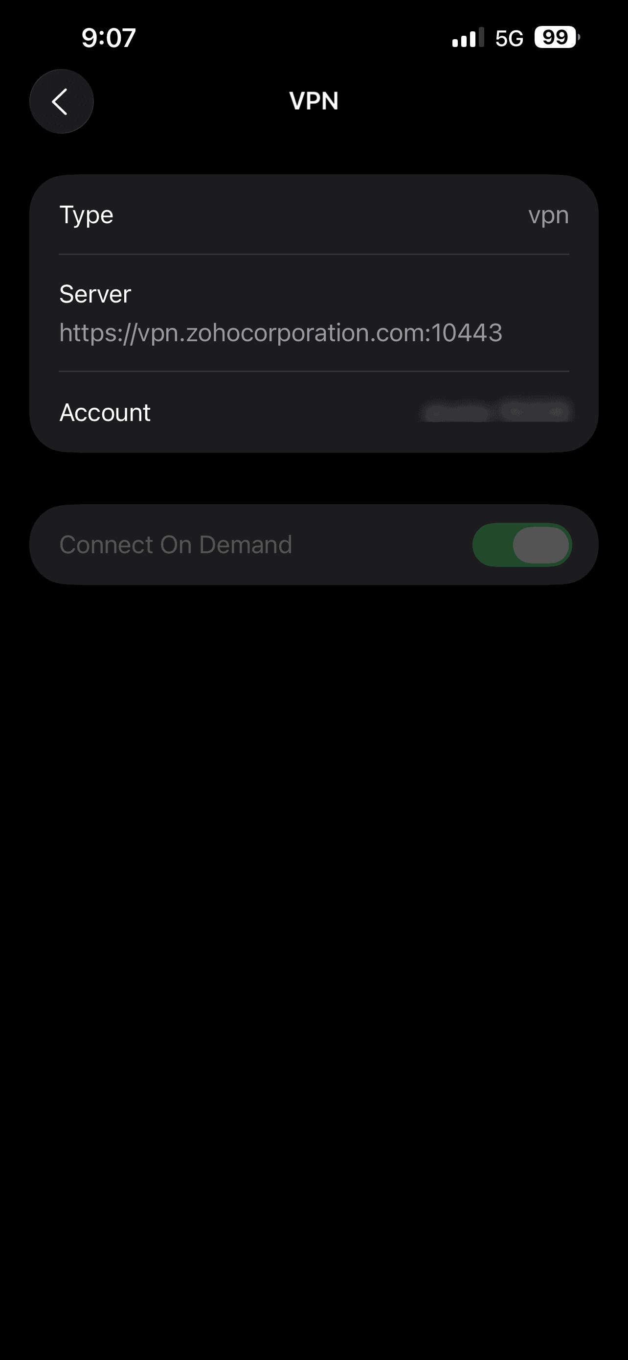 Mobile device VPN settings screen showing Connect On Demand toggle