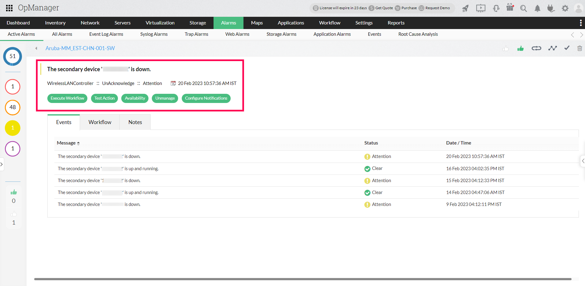 High Availability Monitoring in OpManager: Alarms in an active-passive setup