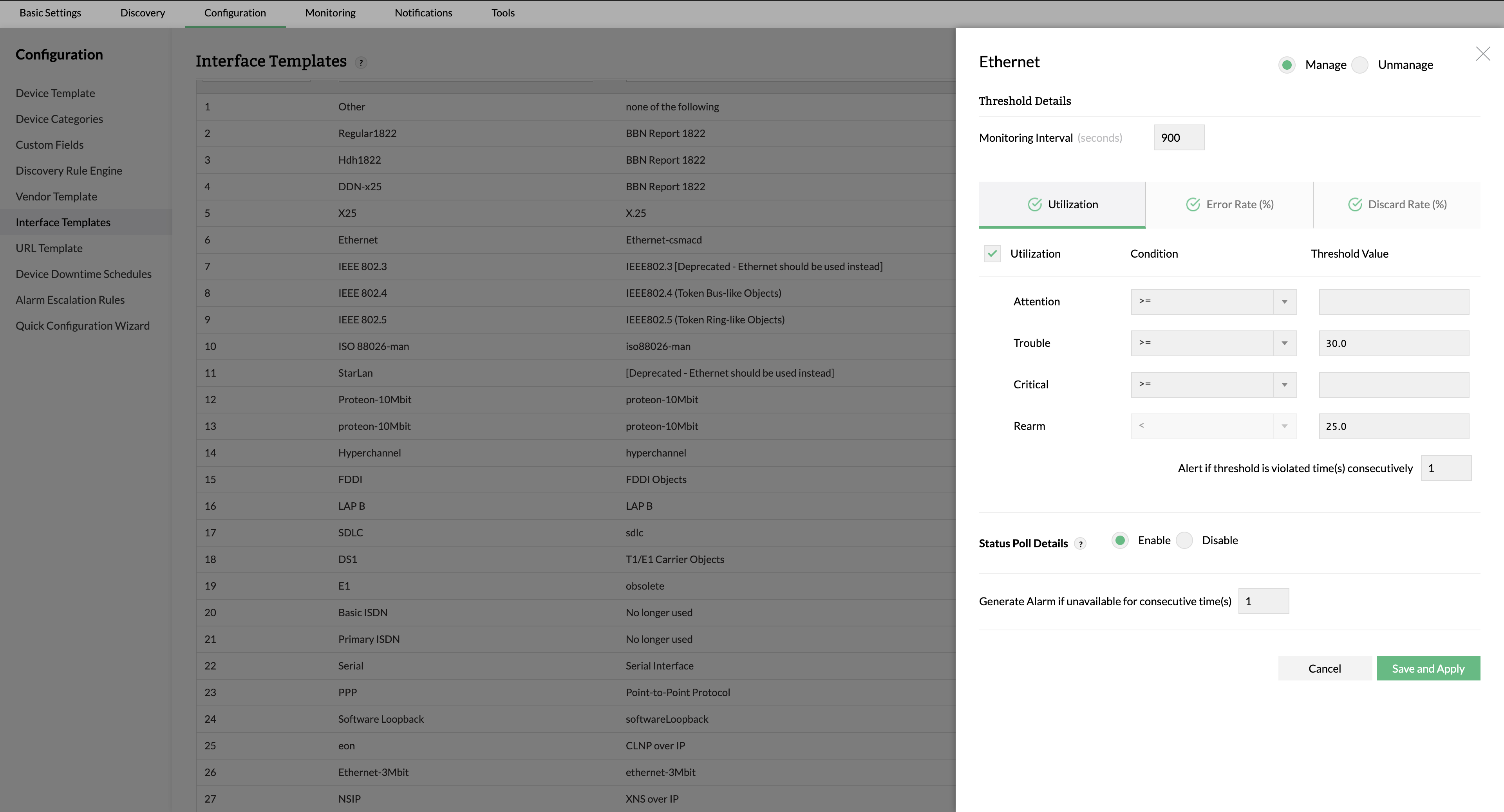 Interface Monitoring in OpManager: Interface monitoring templates