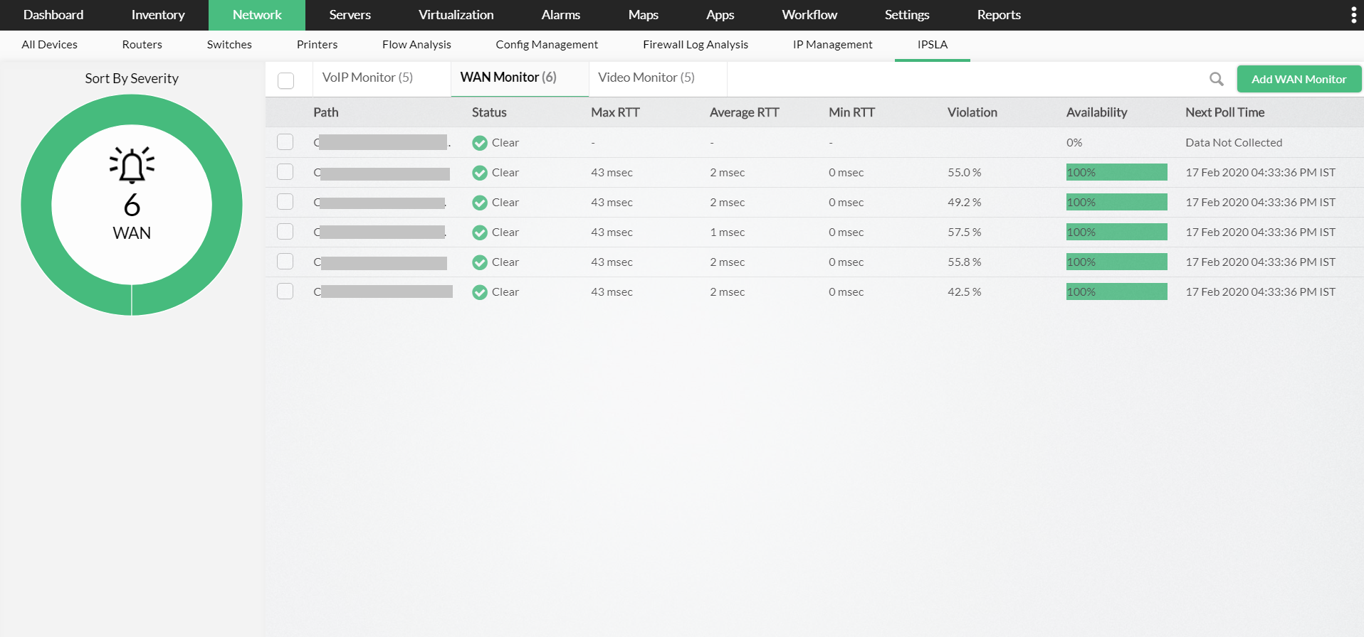 IP SLA Monitoring in OpManager: WAN Monitors List