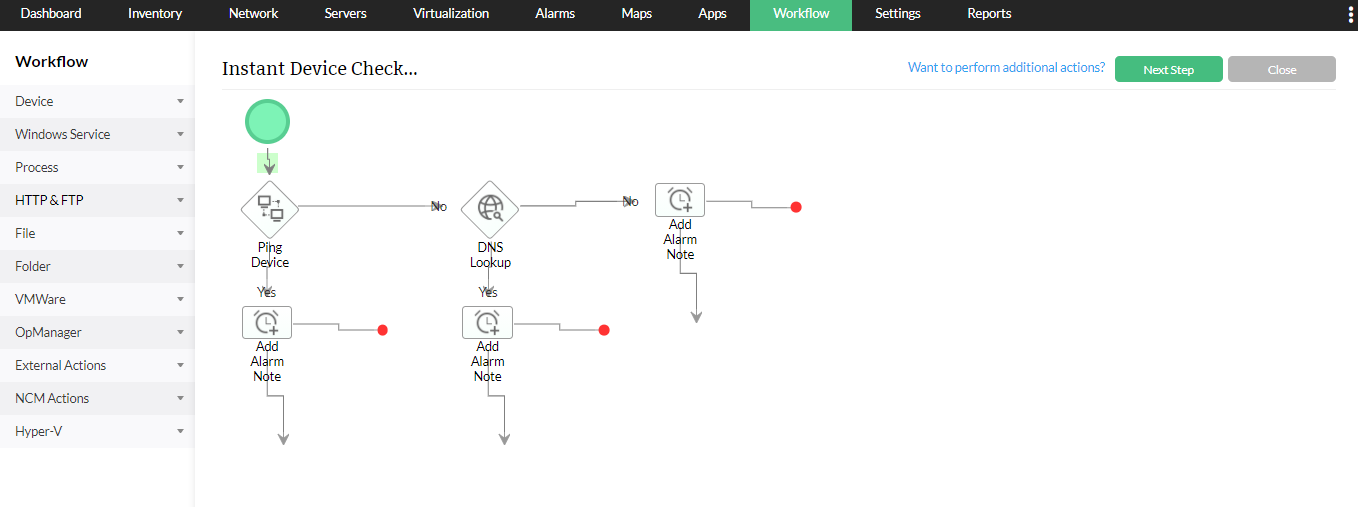 Server Uptime Monitoring in OpManager: Automatic server fault elimination using workflows