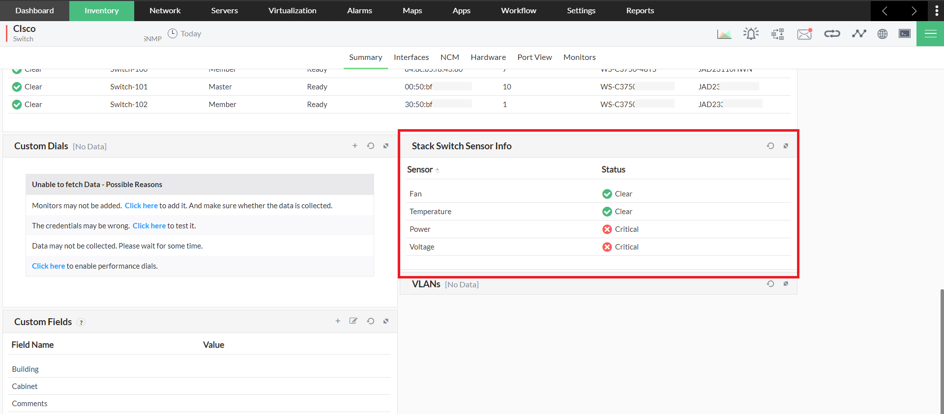 Cisco Switch Monitoring in OpManager: Stack sensor details