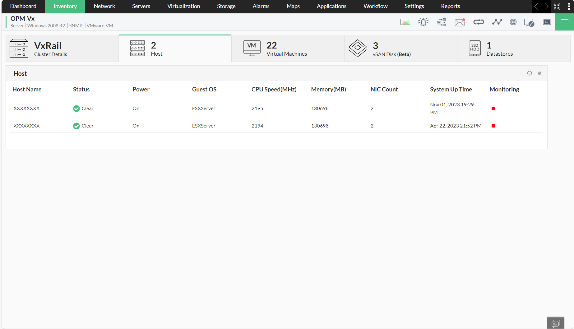 VxRail Monitoring in OpManager: Real-time VxRail host monitoring
