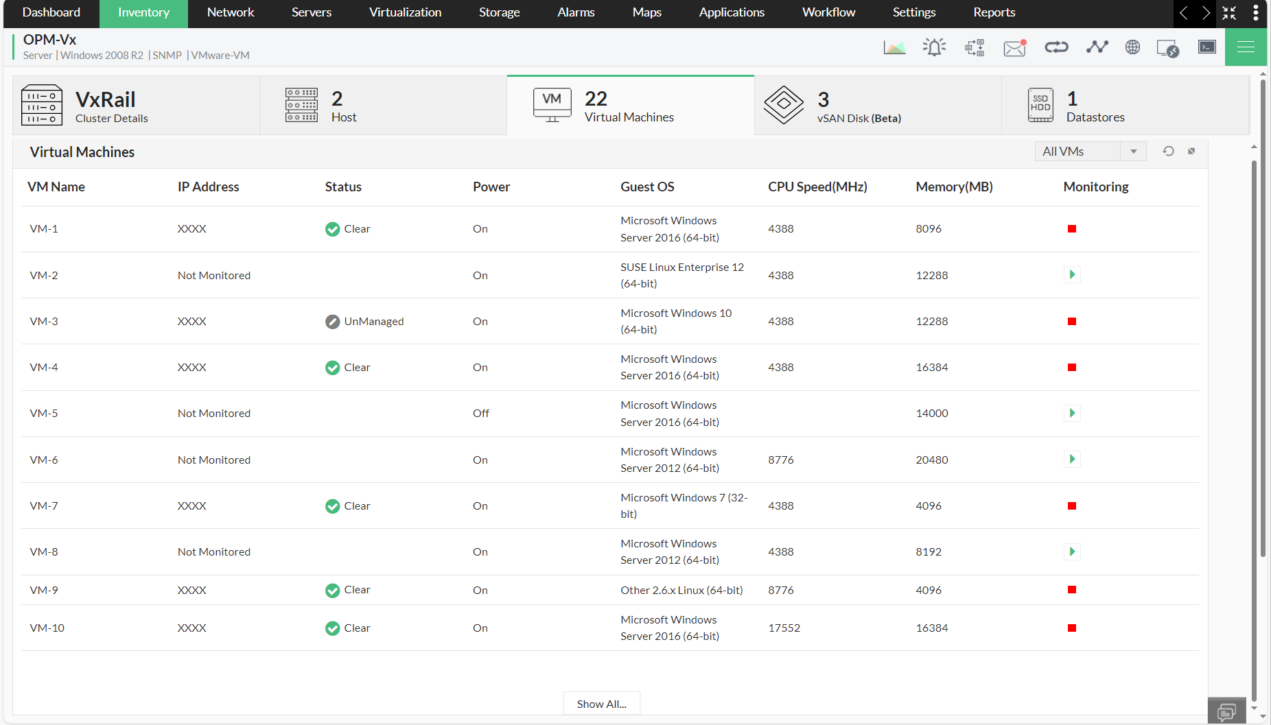 VxRail Monitoring in OpManager: Virtual Machine Monitoring