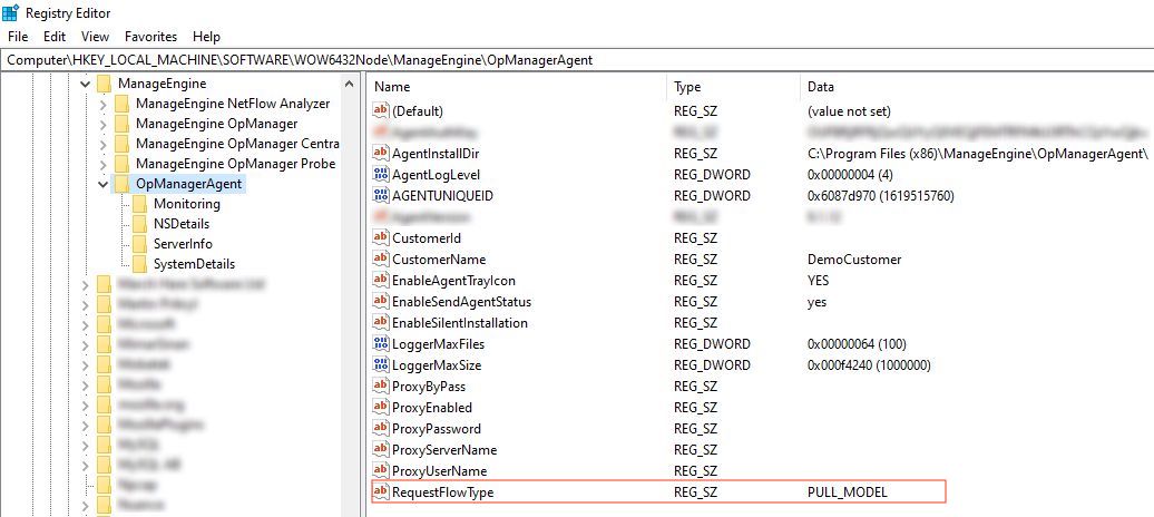 Registry Editor window to enable push mode in agent communication