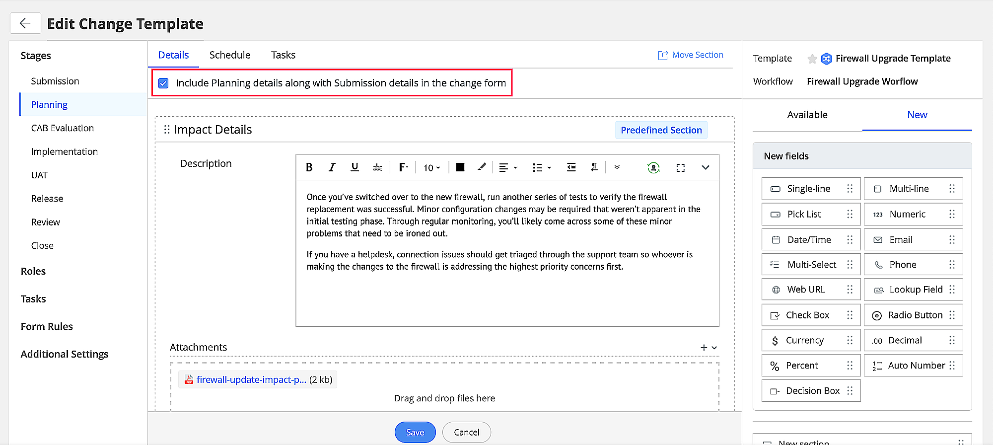 Add Planning Stage Details in a Change Form