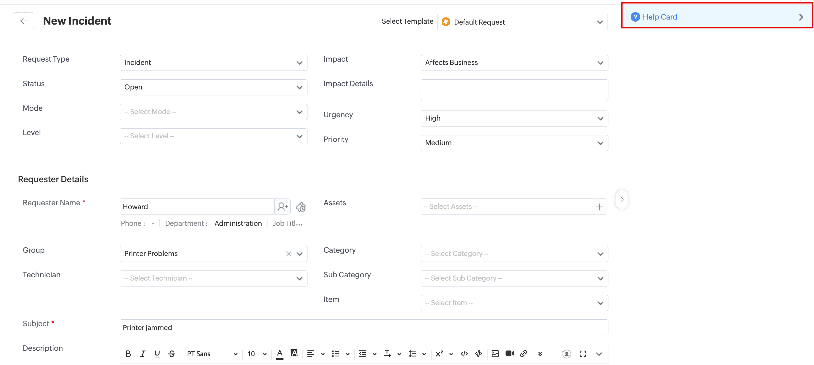Help Card in Request Form