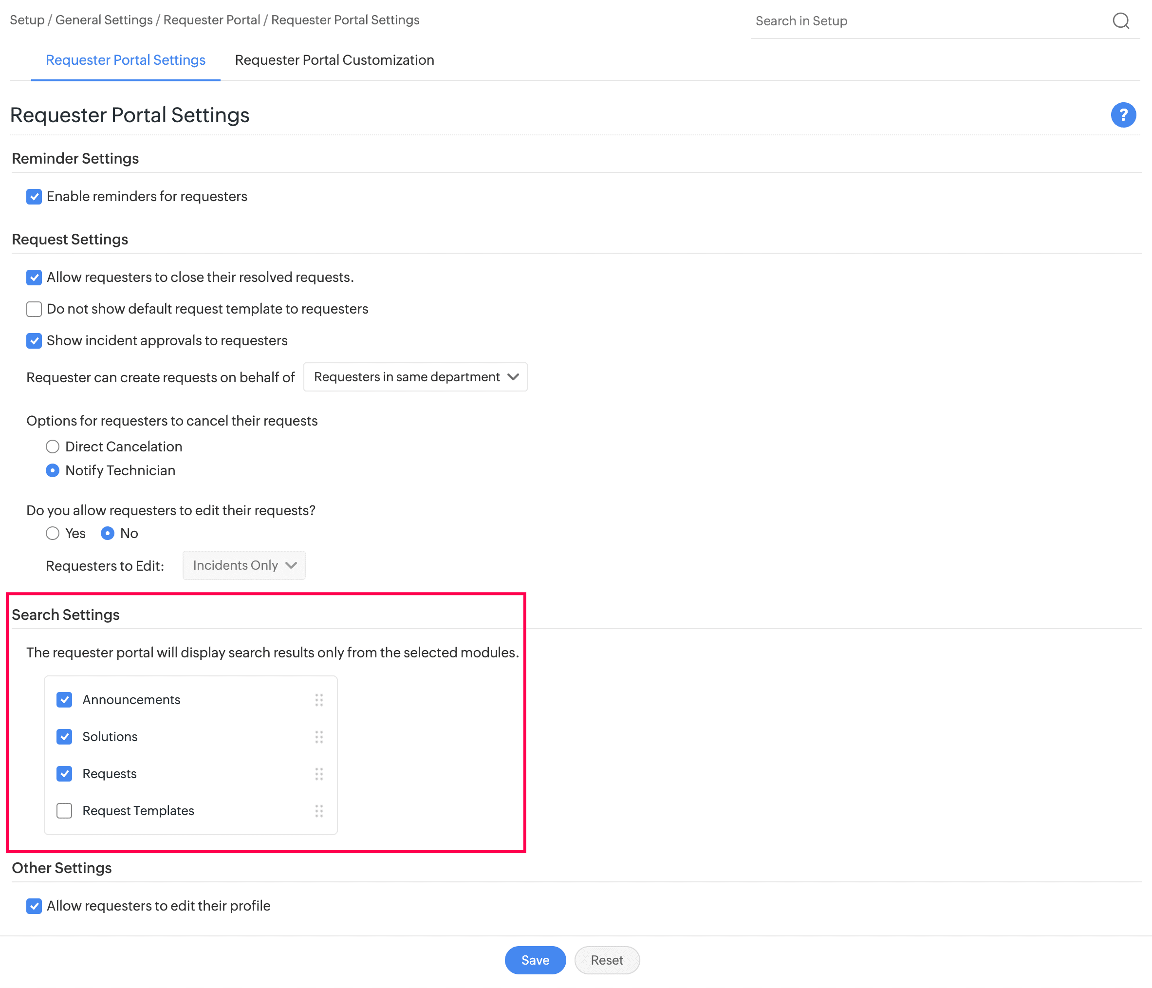 Requester Portal Search Customization