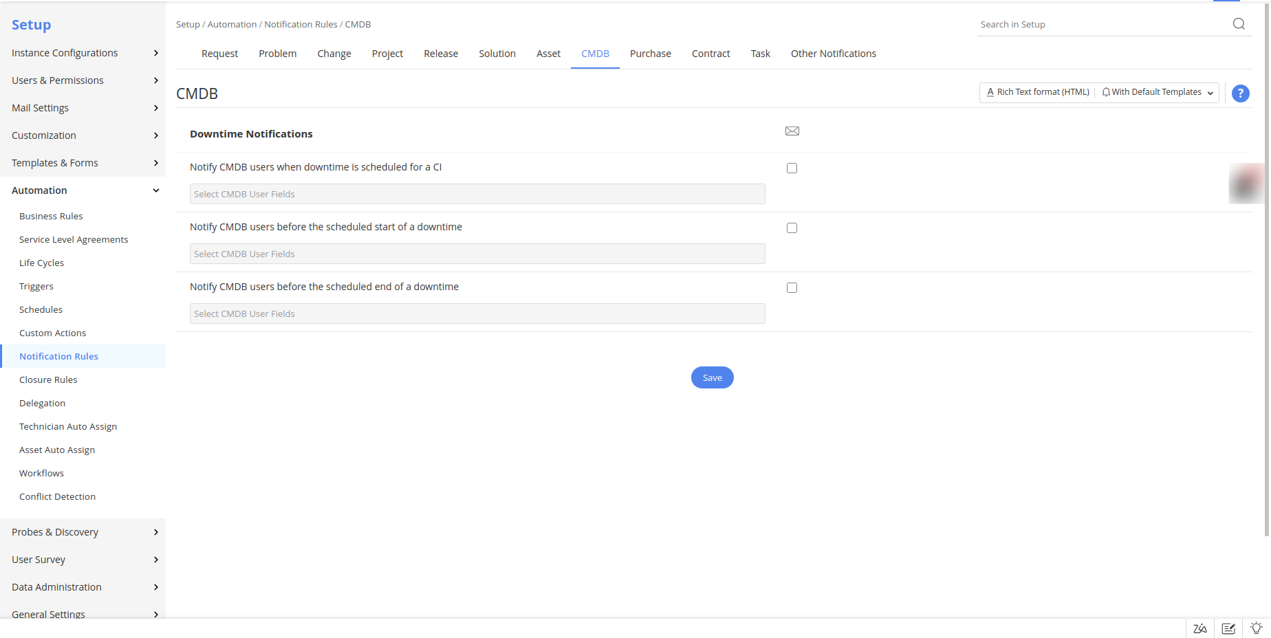 Downtime related Notification Rules added under CMDB