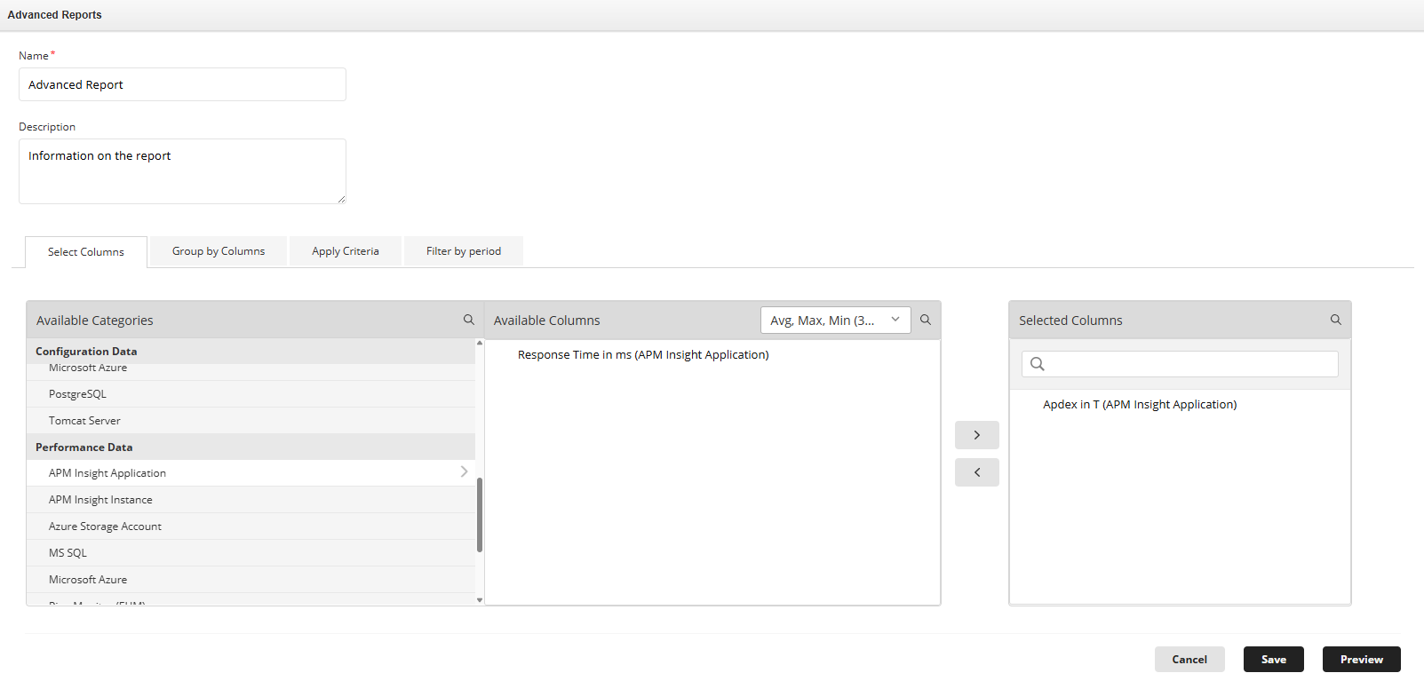 Applications Manager Advanced Report: Adding a new report using selected columns