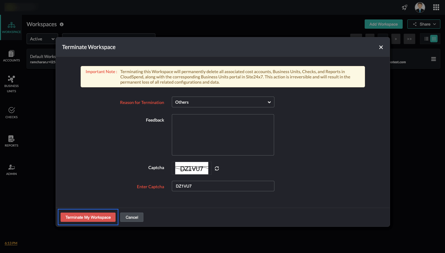 Terminating a Workspace