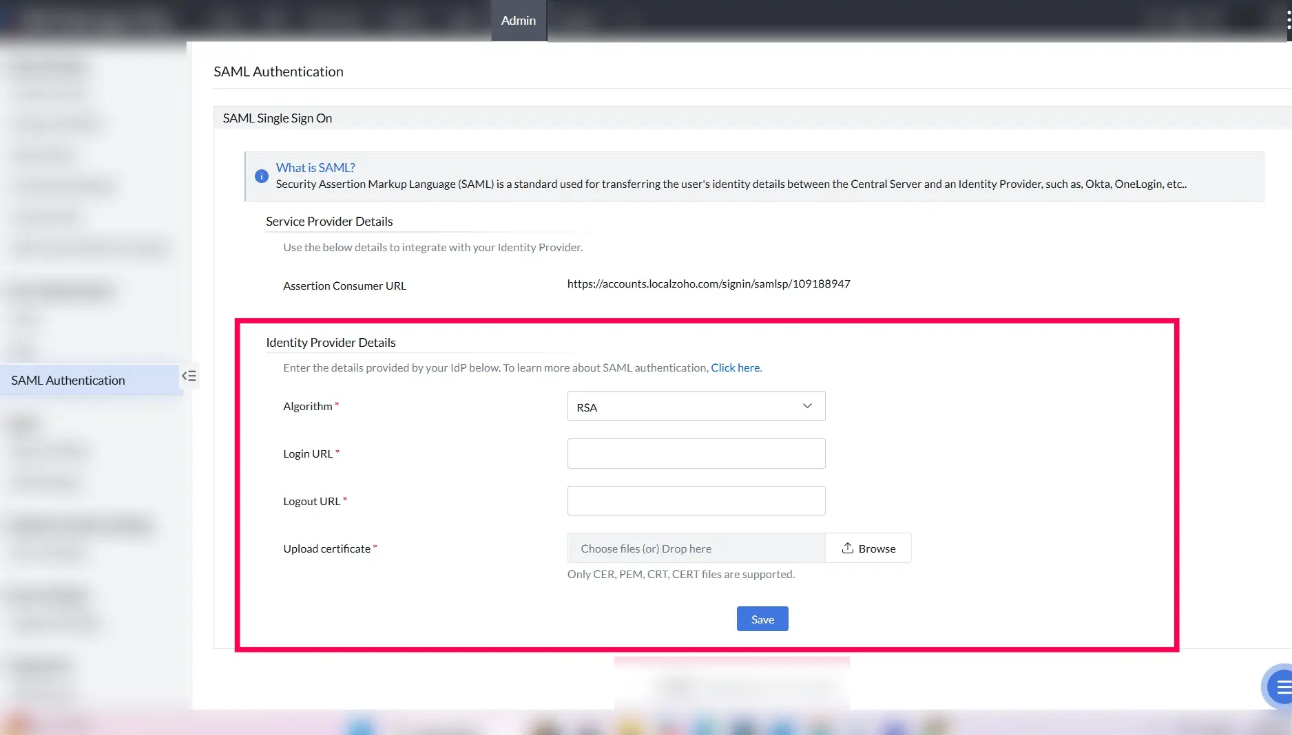 Central server Identity provider details Central server Identity provider details