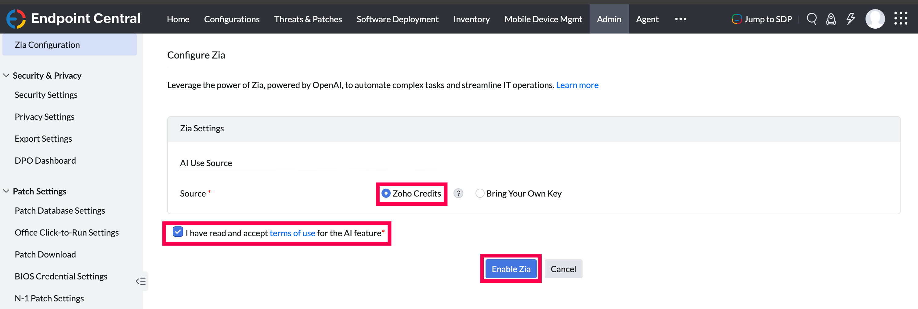Enable Zia with Zoho Credits
