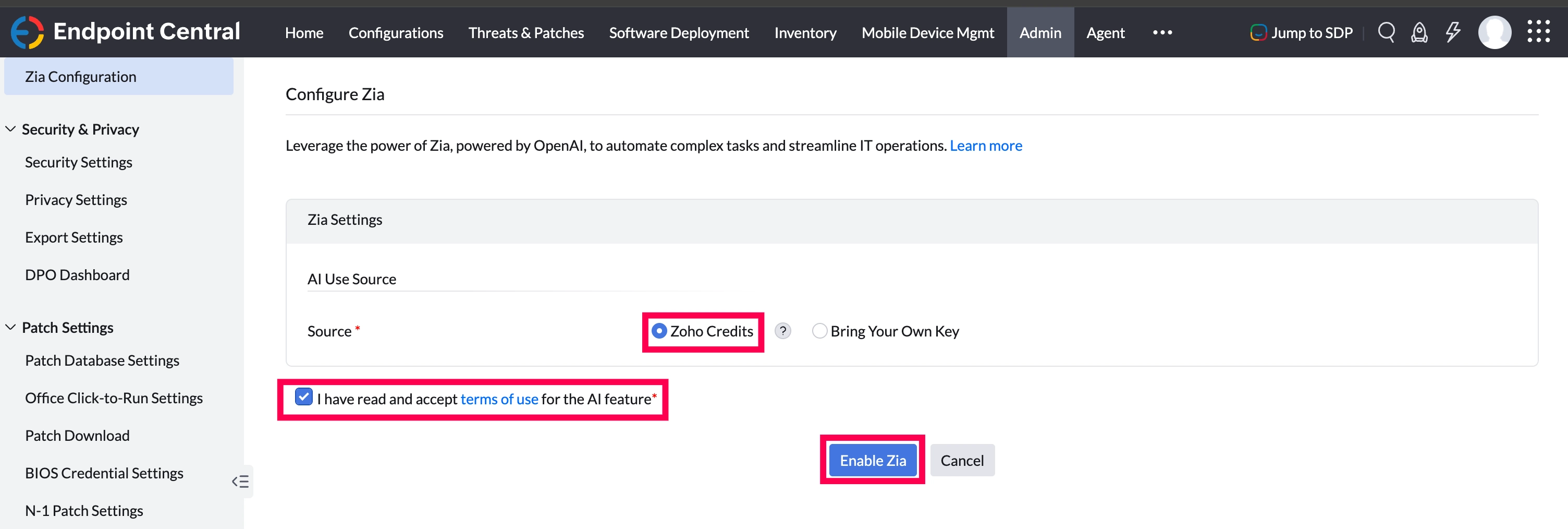 Enable Zia with Zoho Credits Enable Zia with Zoho Credits