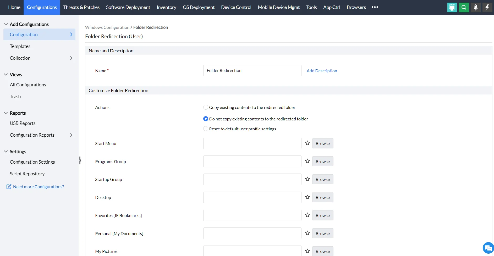 Folder redirection window in endpoint central