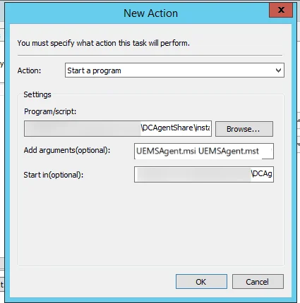 Set the task action Configuring the Start a program action with the network file path in the New Action dialog