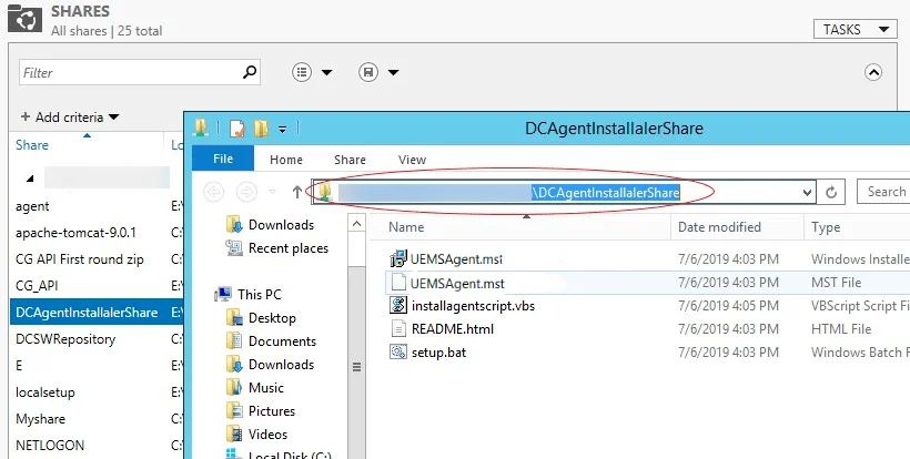 Agent installable path Agent installer files placed in the share, showing the full network path