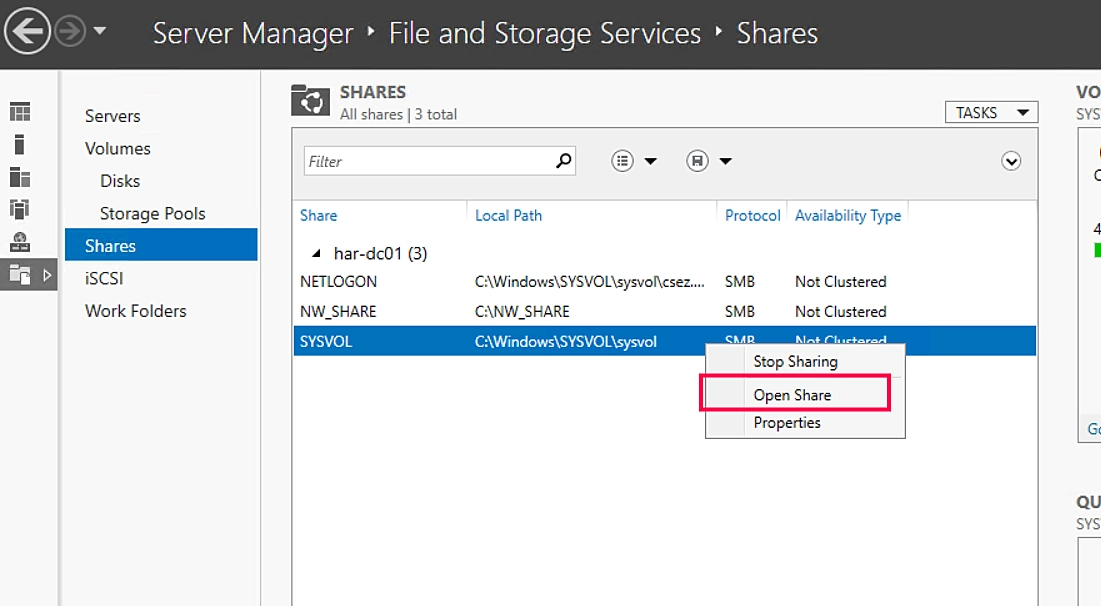Open the SYSVOL share Server Manager Console with the SYSVOL share opened