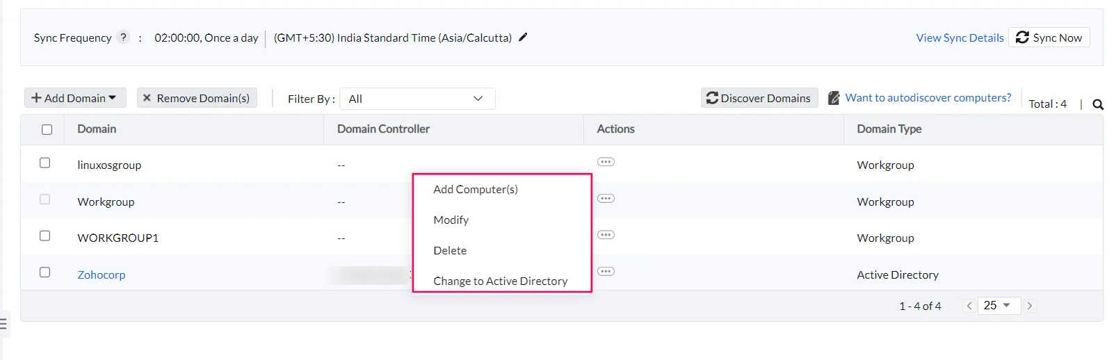 Manage Workgroup actions view Manage Workgroup actions view