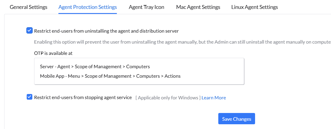 agent protection settings