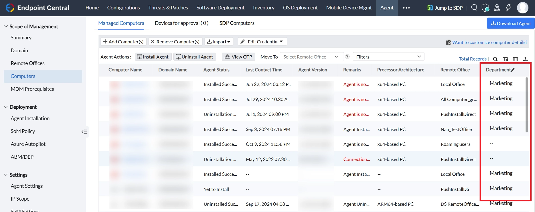Endpoint Central - Custom Fields Custom Field in the Endpoint Central console view. Example custom field given as Department, to indentify the computers to which department they belong.