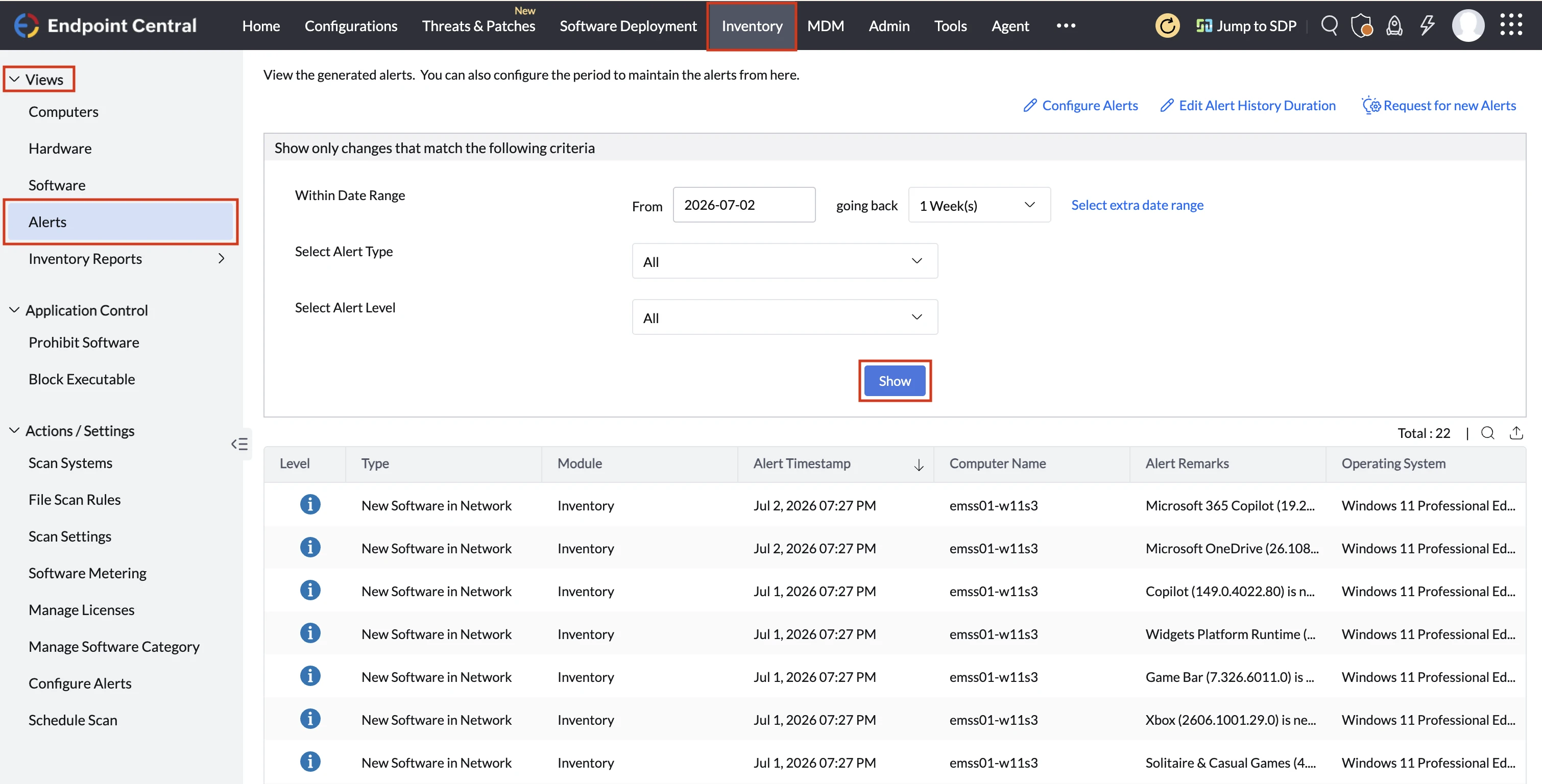 Inventory Alerts console view.
