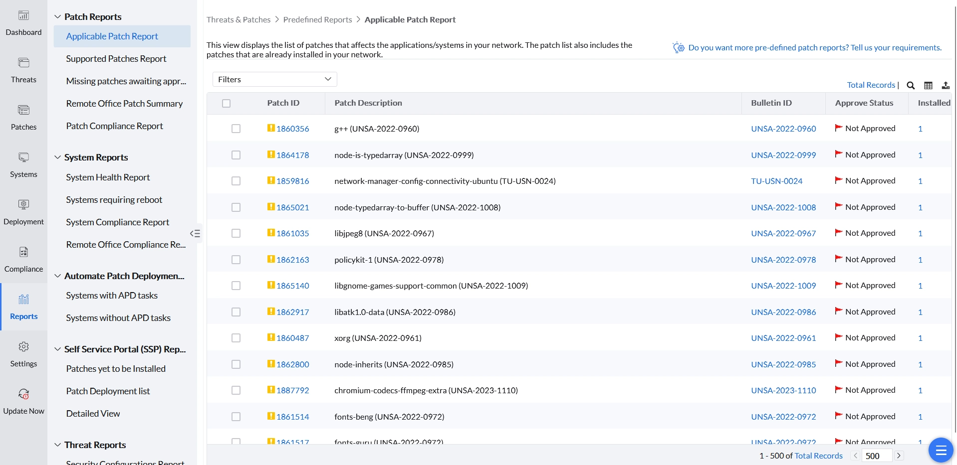 Applicable Patch Report Applicable Patch Report showing patch ID, bulletin ID, patch name, severity, affected systems, installed systems, and missing systems