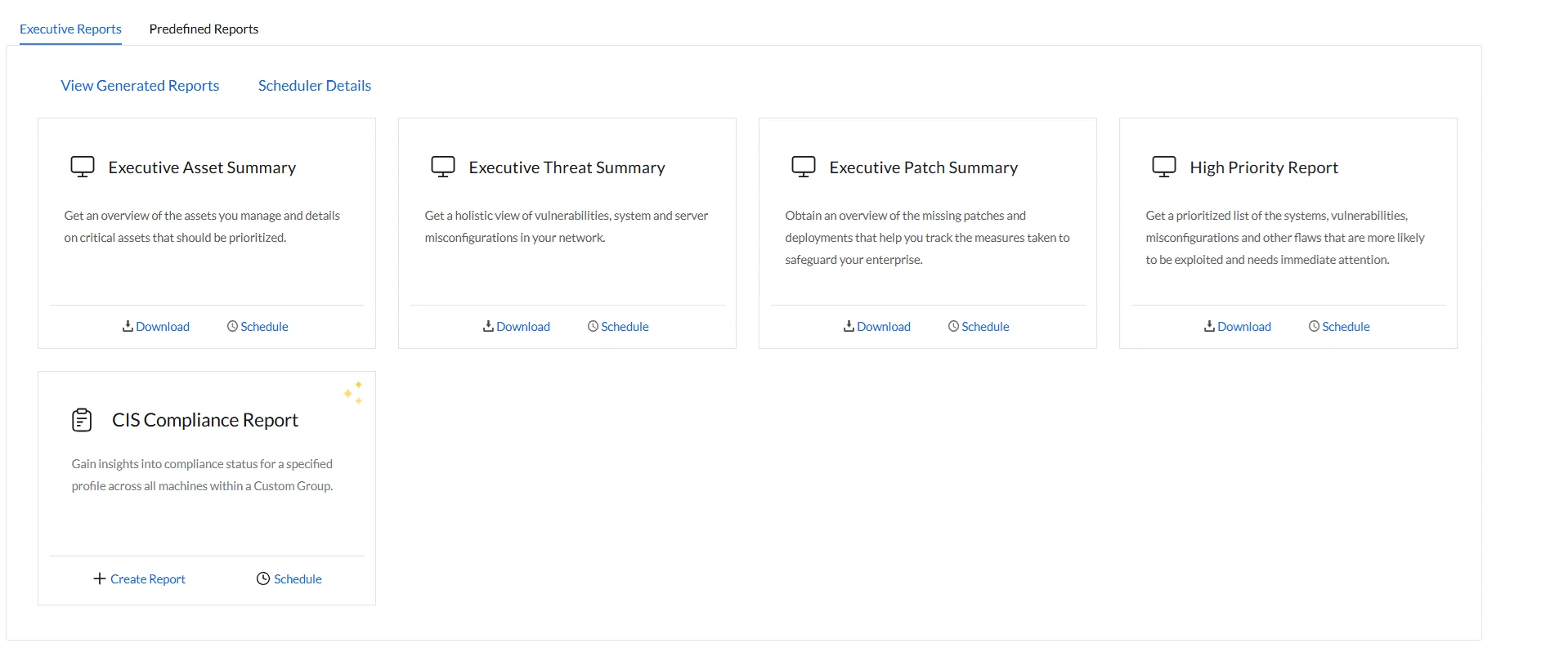 Executive Reports view listing all available report types including Executive Asset Summary, Executive Threat Summary, Executive Patch Summary, High Priority Report, and CIS Compliance Report