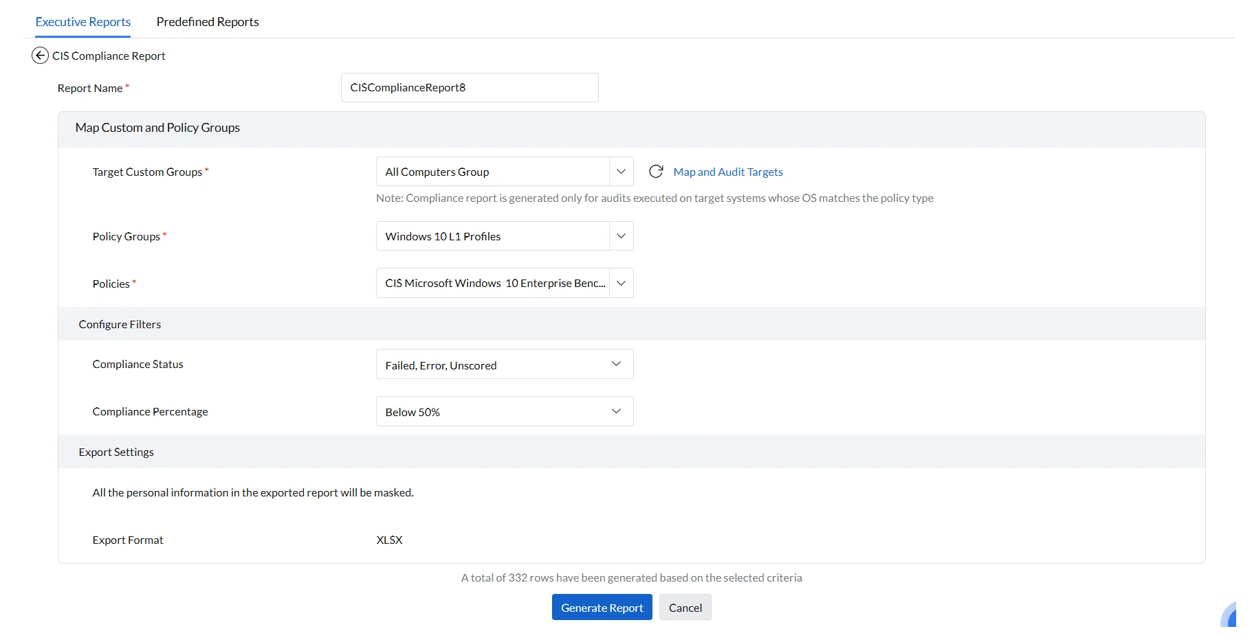 CIS Compliance Report configuration page showing Report Name, Map Custom and Policy Group, and Configure Filters sections