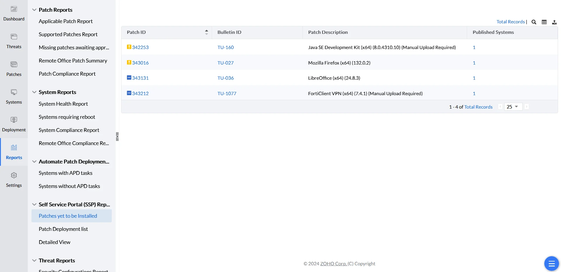 Patches Yet to Be Installed SSP Patches Yet to Be Installed report listing patches available in the Self-Service Portal awaiting user installation