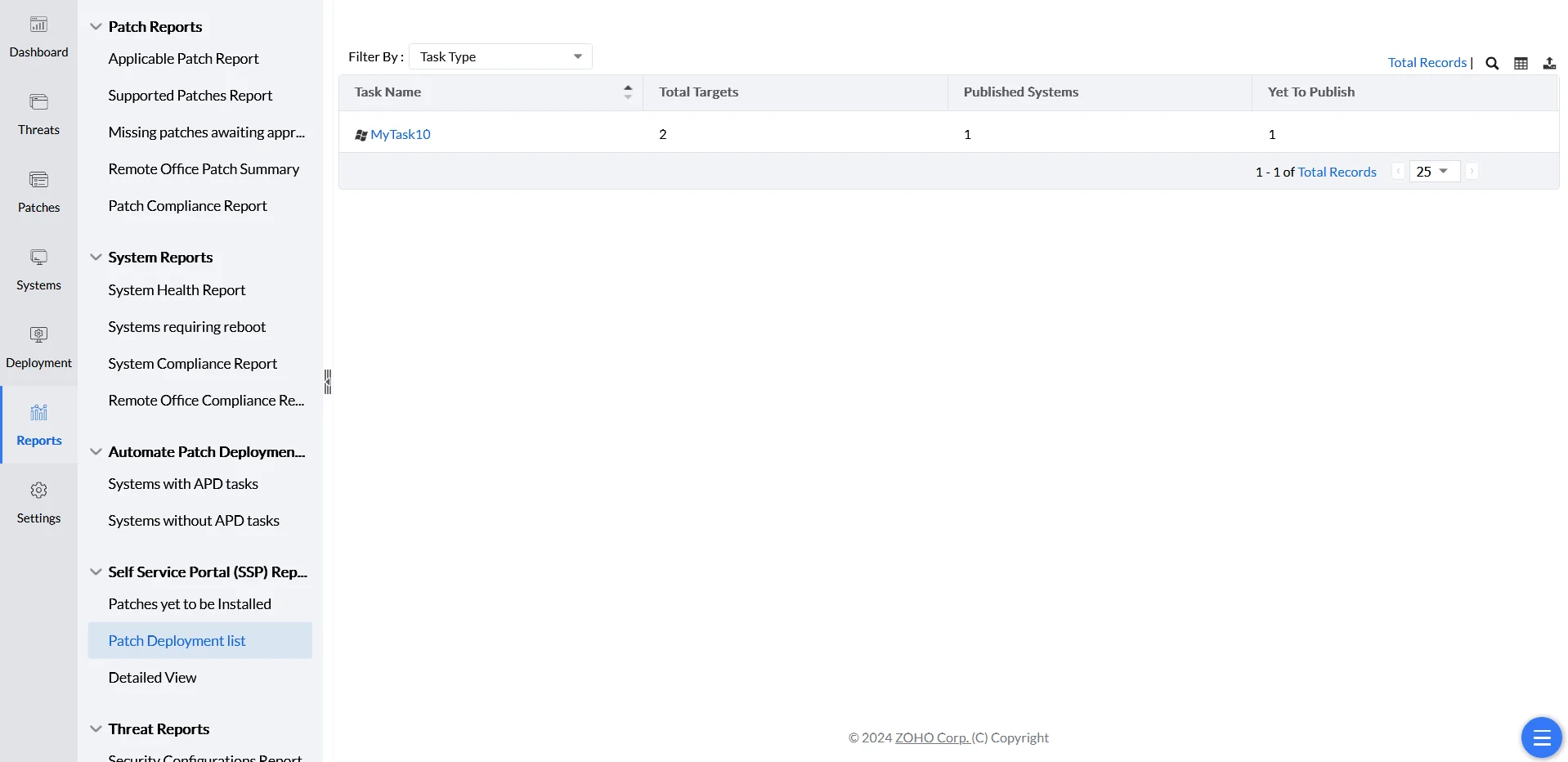 Patch Deployment List Patch Deployment List report showing configurations used to publish patches to the Self-Service Portal