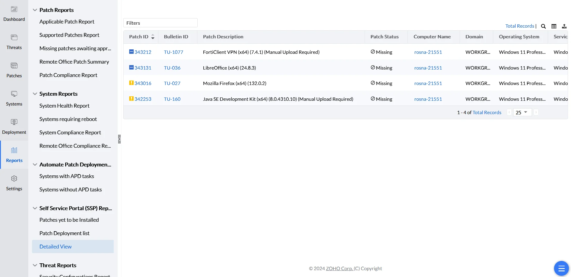 SSP Detailed View SSP Detailed View report listing all patch details for patches published to the Self-Service Portal