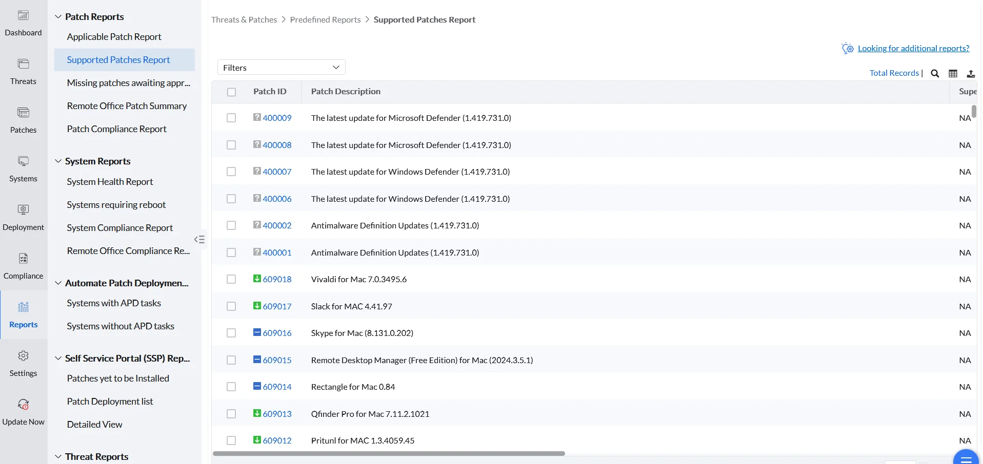 Supported Patches Report Supported Patches Report listing all patches supported by Endpoint Central across all vendor releases