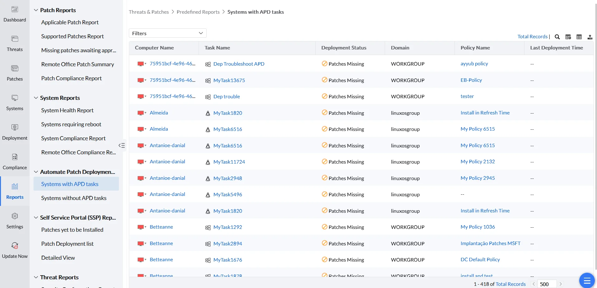 Systems with APD Tasks Systems with APD Tasks report listing managed systems with active Automatic Patch Deployment tasks