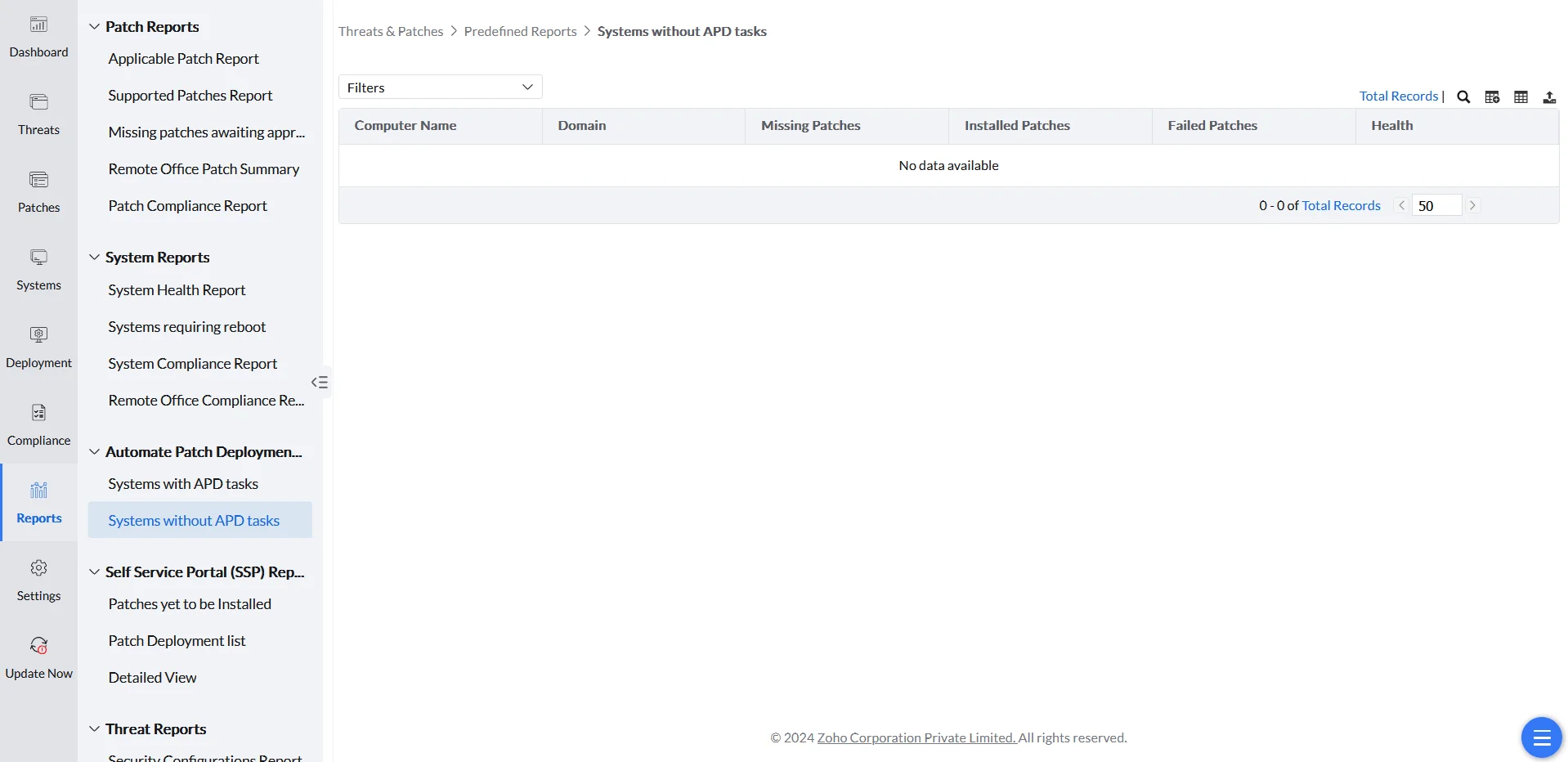 Systems without APD Tasks Systems without APD Tasks report listing managed systems that have no Automatic Patch Deployment tasks configured