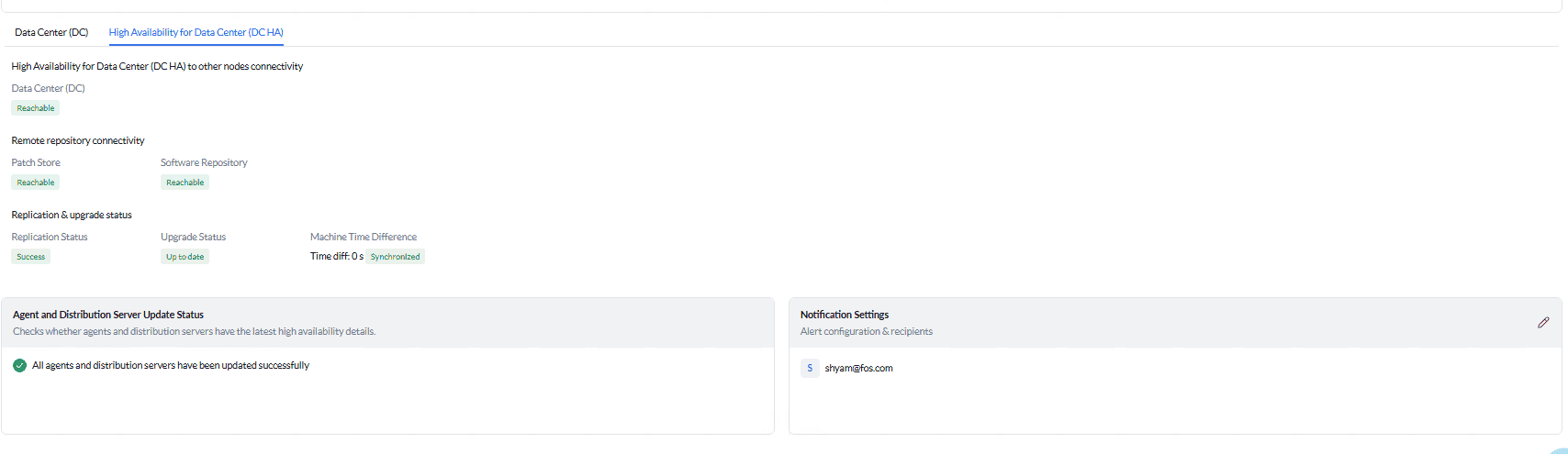 High Availability for Data Center tab: connectivity, replication, agent update status, and notification settings