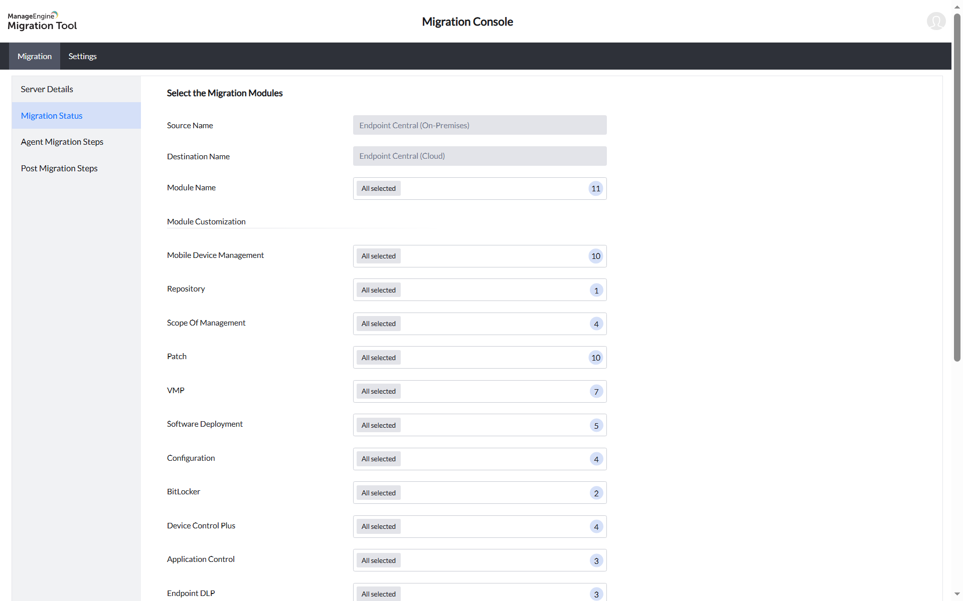 Migration Tool - Module Selection