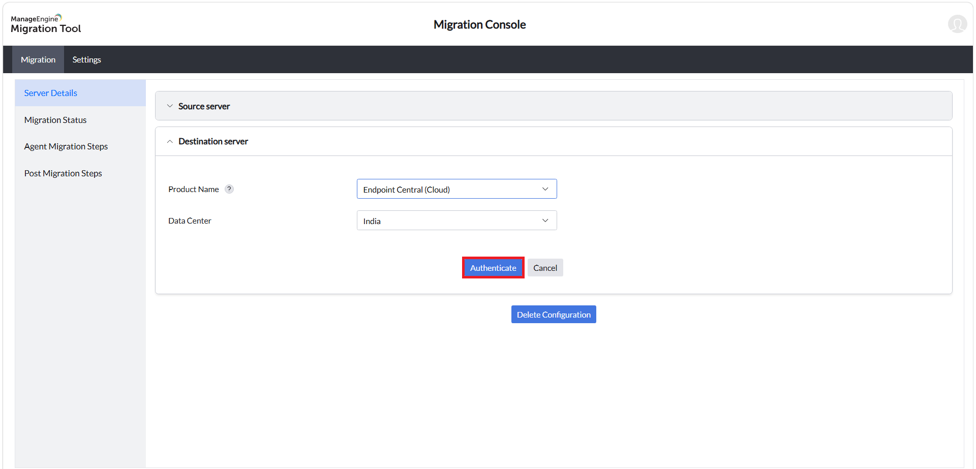Migration Tool - Destination Server Authentication