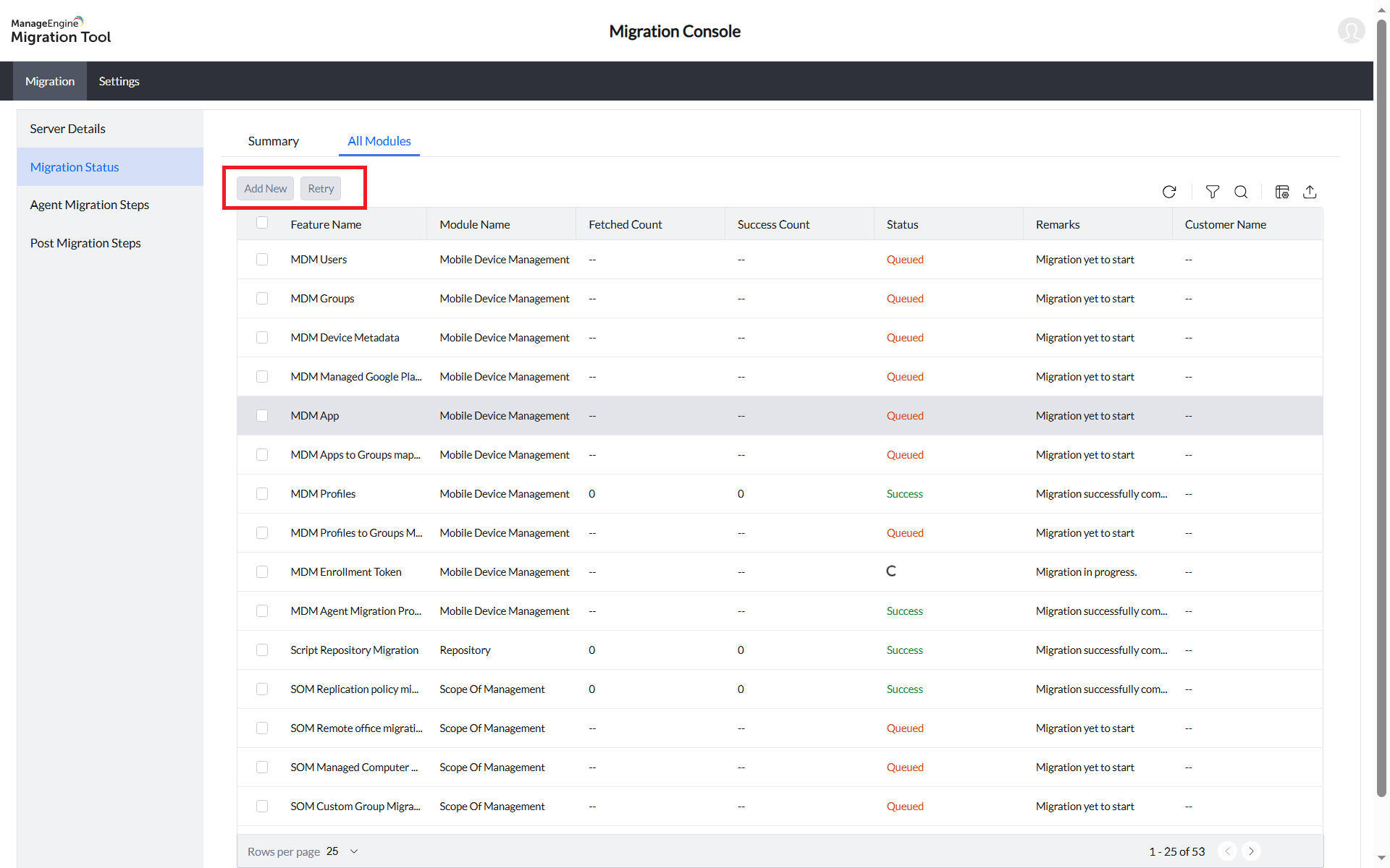 Migration Tool - Migration Status