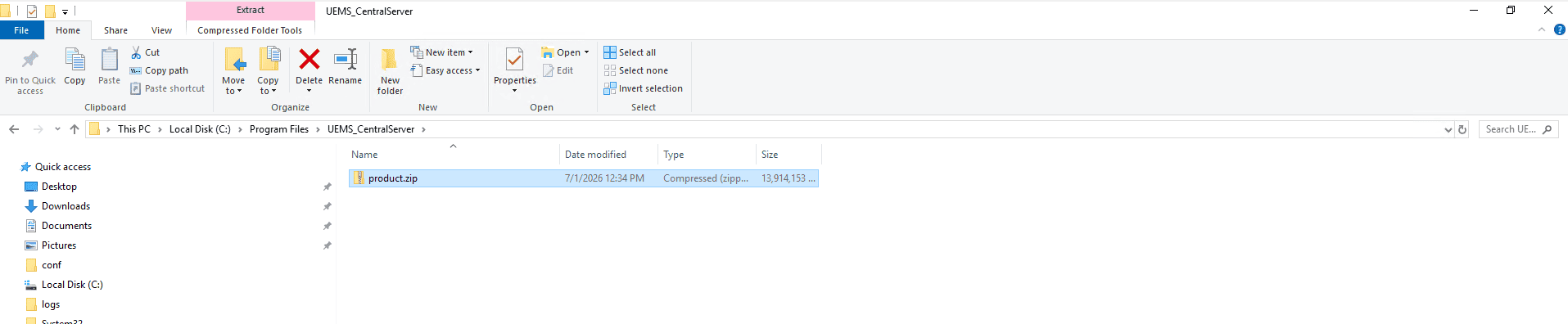 Product.zip file in UEMS_CentralServer directory