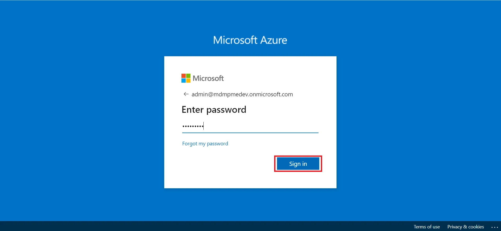 SAML Authentication settings for Azure enter your Azure account password